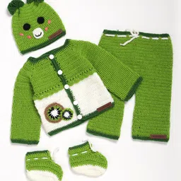 The Original Knit Knit Full Sleeves Fruit Embroidered Sweater With Pyjama & Cap Socks Set - Green & Off White-picture-34