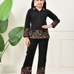 Bella Moda Cotton Woven Full Sleeves Floral Embroidered Coordinating Shirt Style Top & Pant Set - Black-picture-17