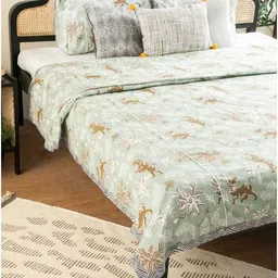 FREEDOM TREE Ahnan Green & White Printed Pure Cotton Double Bed Cover-17