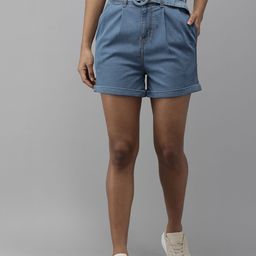 Roadster Women Blue Solid High-Rise Flared Fit Denim Shorts With Belt-image-45