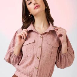 Globus Women Pink Self Design Collared Neck Shirt Style Workwear Crop Top with Utility Pockets-picture-29