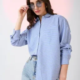 Globus Women Blue Collared Neck Cuffed Sleeves Striped Pattern Shirt Style Work Wear Top-image-24