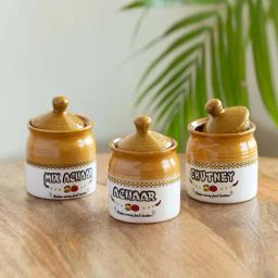 ExclusiveLane Brown & White Ceramic Old Martaban Pickle & Chutney Jar - Set of 3-image-56