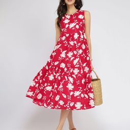 Pink Fort Cotton Floral Sleeveless Tiered Dress - Red & White-image-79