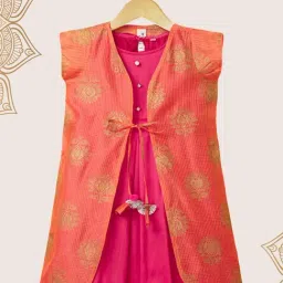 The Magic Wand Kids Pink & Orange Embellished Frock Set-image-35