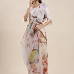 Blissta White & Orange Floral Print Saree With Unstitched Blouse-picture-29