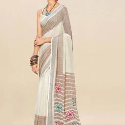 Satrani Off-White Geometric Print Saree With Unstitched Blouse-image-36
