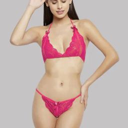 AROUSY Pink Self Pattern Bra Panty Set-image-78