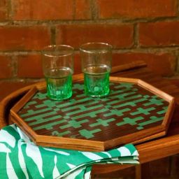 Gyamati Screen Printed Green Octagonal Wooden Tray-35