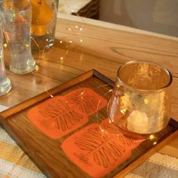 Udanti Palm Screen Printed Orange Square Wooden Tray-1