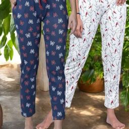 Kryptic Off White & Navy Cotton Relaxed Fit Printed Lounge Pants - Pack of 2-image-95