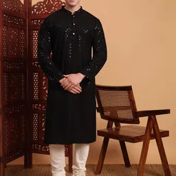 House of Pataudi Killer1 Chikankari Embroidered Mandarin Collar Kurta-image-92