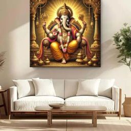 999Store Brown & Golden Canvas Lord Ganesha Seated In Royal Splendour Painting-image-43