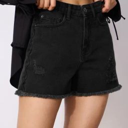 The Souled Store Black Cotton Regular Fit Denim Shorts-image-77