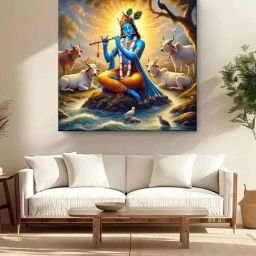 999Store Multicolor Canvas Krishna Playing The Flute Among Sacred Cows Painting-image-97