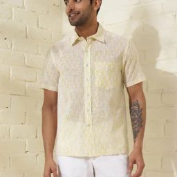 Fabindia Lime Yellow Straight Fit Printed Shirt-image-37