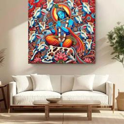 999Store Red Canvas Lord Krishna Playing The Flute Surrounded By Sacred Cows Painting-image-2