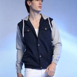 Campus Sutra Navy & Grey Cotton Regular Fit Colour Block Hooded Sweatshirt-picture-0