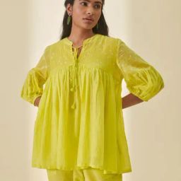 Prakriti Jaipur Lime Green Bandhej Bandhani Gathered Shirt-image-11