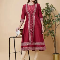 Globus Maroon Viscose Floral Print Kurta With Shrug-image-46