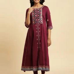 W Wine Floral Print A Line Kurta-image-81