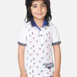 Fourfolds Kids White Printed Regular Fit Polo T-Shirt-image-134