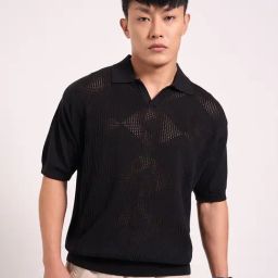 People By Pantaloons Black Regular Fit Self Pattern Polo T-Shirt-22