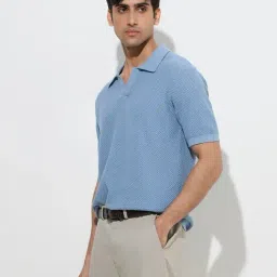 Ascot by Westside Dusty Blue Knitted Relaxed-Fit Cotton Polo T-Shirt-image-72