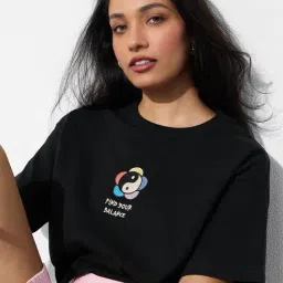 The Souled Store Black Cotton Relaxed Fit Embroidered T-Shirt-image-15