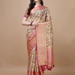 JUST FASHION Beige & Pink Silk Printed Saree With Unstitched Blouse-picture-25