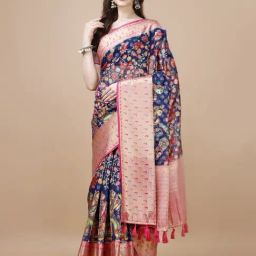 JUST FASHION Navy & Pink Silk Printed Saree With Unstitched Blouse-picture-10