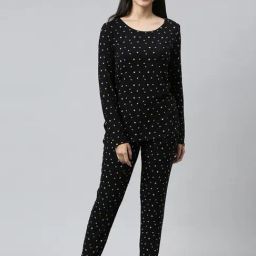 Enamor Black Printed T-Shirt Pyjamas Set-image-70