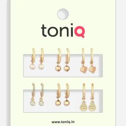 ToniQ Gold-Plated Pearl Heart Shape Drop Hoop Earrings for Women - Set of 6-image-43