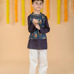 Budding Bees Kids Blue & Off White Printed Full Sleeves Kurta, Jacket with Pyjamas-image-12