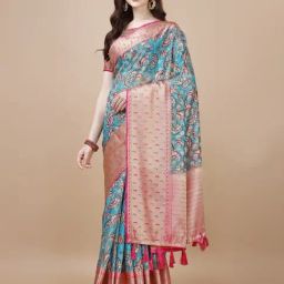 JUST FASHION Blue & Pink Silk Printed Saree With Unstitched Blouse-image-59
