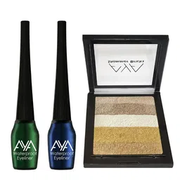 AYA Set of 2 Waterproof Liquid Eyeliner 5ml Each & Shimmer Brick Highlighter 03-3