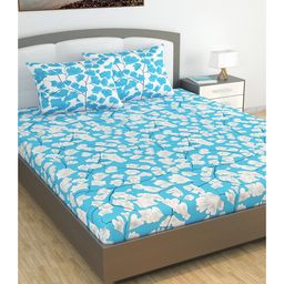 Divine Casa Floral Blend Cotton Double Bedsheet with 2 Pillow Covers - Sky Blue & White-20