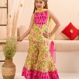 Pspeaches Sleeveless Shibori Tie Dye Floral Printed Lace Detailed Kurta Sharara With Dupatta - Yellow-image-46