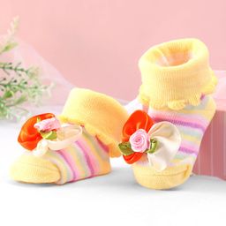 Cute Walk by Babyhug Sock Shoes with Flower Applique - Light Yellow-image-52
