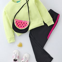Tiara Full Sleeves Solid Top & Pant With Purse - Neon Green-image-28