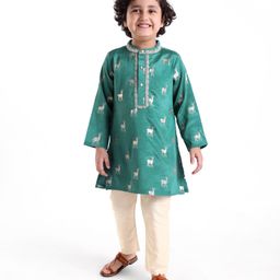 Babyhug Full Sleeves Rendier Print & Embroidered Kurta with Solid Pyjama Set-Teal-image-11