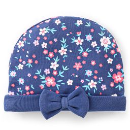 Babyhug 100% Cotton Knit Cap With Bow Applique Floral Print- Blue-image-46