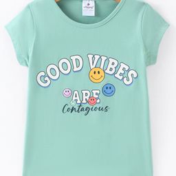 Ollypop Cotton Knit Half Sleeves T-Shirt Emoji Print - Green-image-78