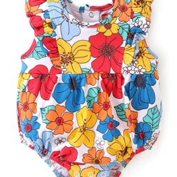 Babyhug 100% Cotton Knit Frill Sleeves Onesies Floral Print - Blue White & Red-image-52