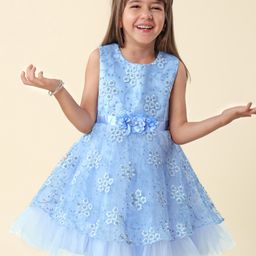 Babyhug  Sleeveless Fit &  Flare Floral Embroidered Party Frock with Applique - Aqua Blue-image-70