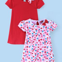 Babyhug Single Jersey Knit Half Sleeves Solid & Heart Printed Frocks with Bow Appliques Pack of 2 - Red & White-image-81