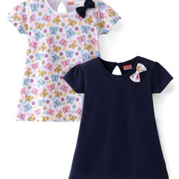 Babyhug Single Jersey Knit Half Sleeves Frocks With Butterfly Print & Bow Applique Pack of 2- White & Navy Blue-image-46