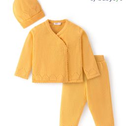 Babyoye Cotton Knit full Sleeves Front Open Solid Colour Sweater Set With Cap - Yellow-image-99