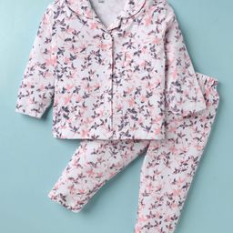 Little Darlings Cotton Knit Full Sleeves Night Suit with Leafy Print - White-image-88
