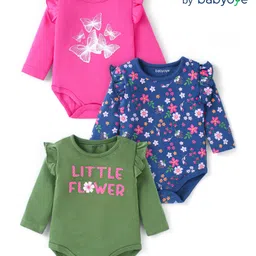 Babyoye Eco Conscious 100% Cotton Knit FullSleeves Onesies Floral & Butterfly Print Pack of 3 - Pink Green & Blue-picture-47